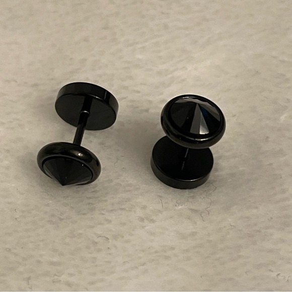Black Stud Flat Back Stainless Steel Earrings- Unisex - Picture 4 of 6